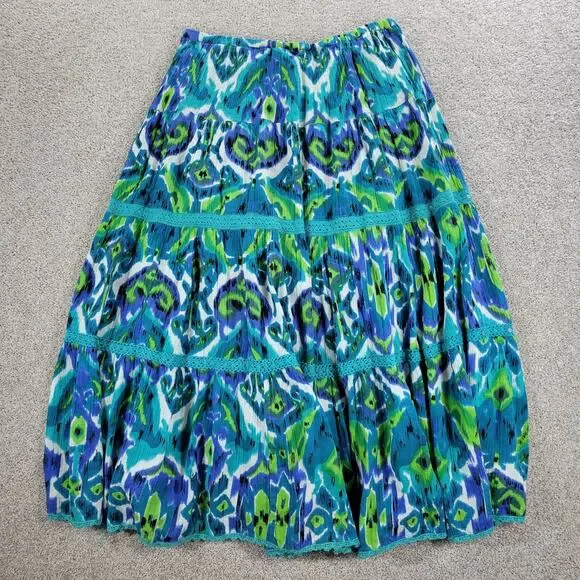 Vintage Notations A-line Skirt Womens L Blue Boho Watercolor Tiered Flowy Hippie - Picture 9 of 16